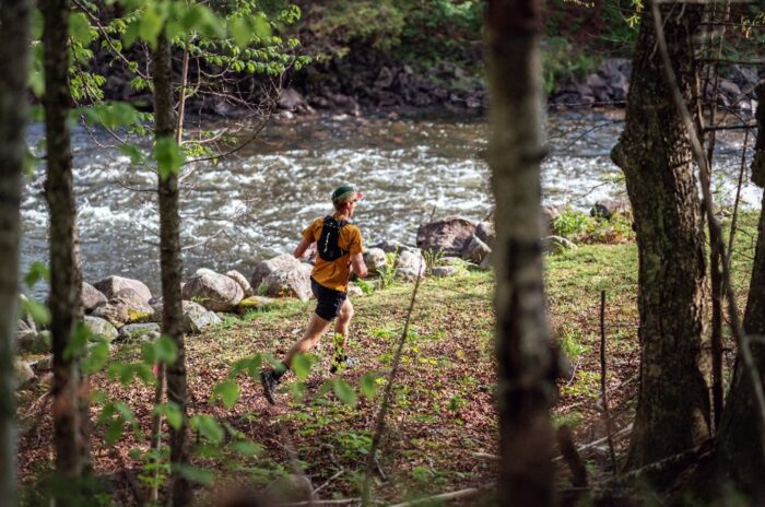 Photo prise dans les bois : un coureur vu de dos, près d’une petite rivière